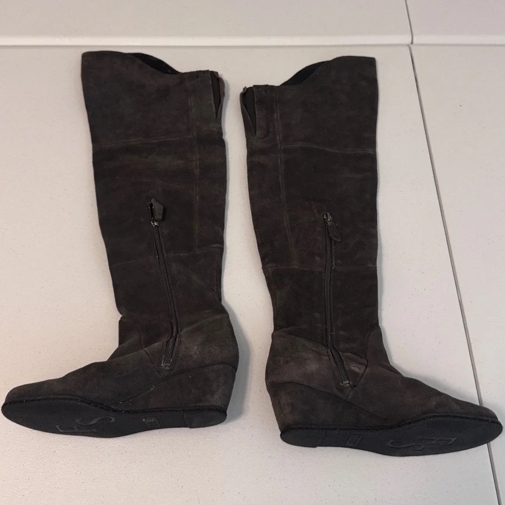 Franco Sarto Abela Dark Grey Suede Over The Knee Wedge Boots Womens 7.5M cc